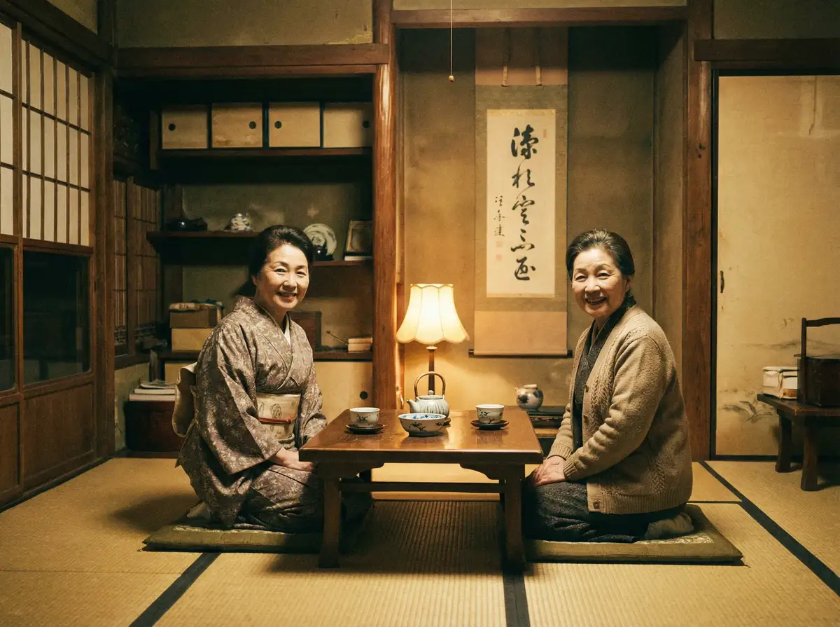 两位优雅的 泳池痴汉 在日式茶室中品茶交谈